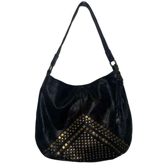 Gold Studded Black Leather XL Tote/Shoulder Bag with Fringe Charm - Picture 1 of 6